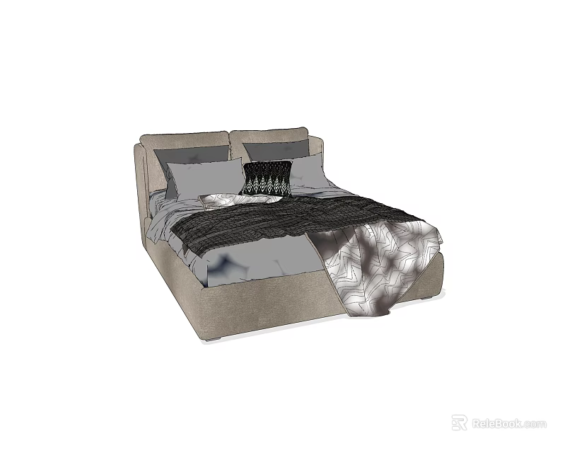 Double Bed With Gray Headboard Black Pillows And White Plaid Blanket 3d model