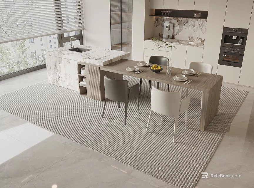 Modern Wooden Dining Table Set With Gray White Chairs Tableware Fruit Platter In Kitchen Interior 3d model