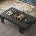 Modern Dark Wooden Coffee Table With Tea Set Tray And Vase On Living Room Carpet