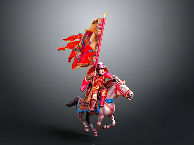 Ancient Warrior Man In Red Armor Riding White Horse With Decorative Red Flag 3d model