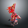 Ancient Warrior Man In Red Armor Riding White Horse With Decorative Red Flag