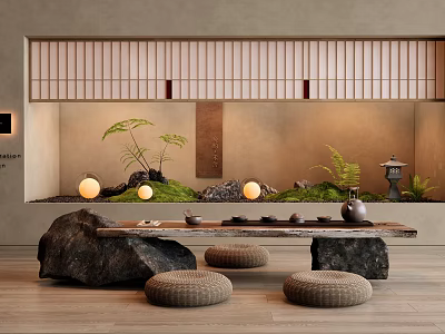 Japanese Style Tea Table and Chairs with Wooden Lattice Green Plants and Stone Decor 3d model
