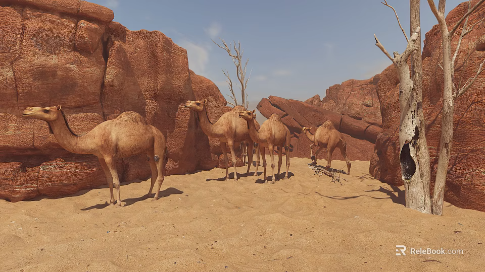 Desert Reptile Lizard Crawling on Sandy Ground Near Rocky Terrain and Dry Trees 3d model 