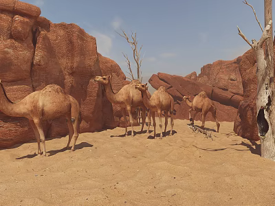 Desert Reptile Lizard Crawling on Sandy Ground Near Rocky Terrain and Dry Trees 3d model