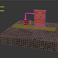 Industrial Red Control Box With Connected Pipes Valve And Concrete Base
