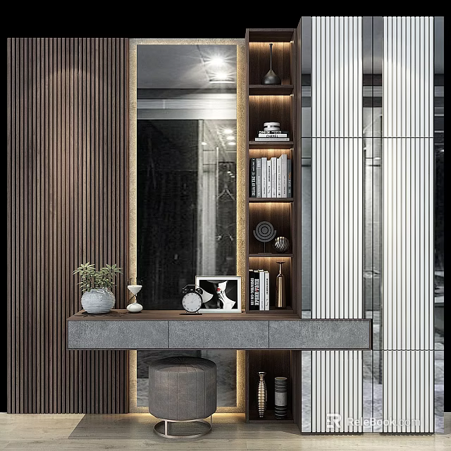 Modern Entryway Hallway Interior With Wooden Shelves Mirror And Potted Plant Decor 3d model 