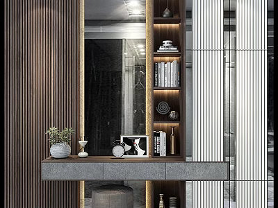 Modern Entryway Hallway Interior With Wooden Shelves Mirror And Potted Plant Decor 3d model