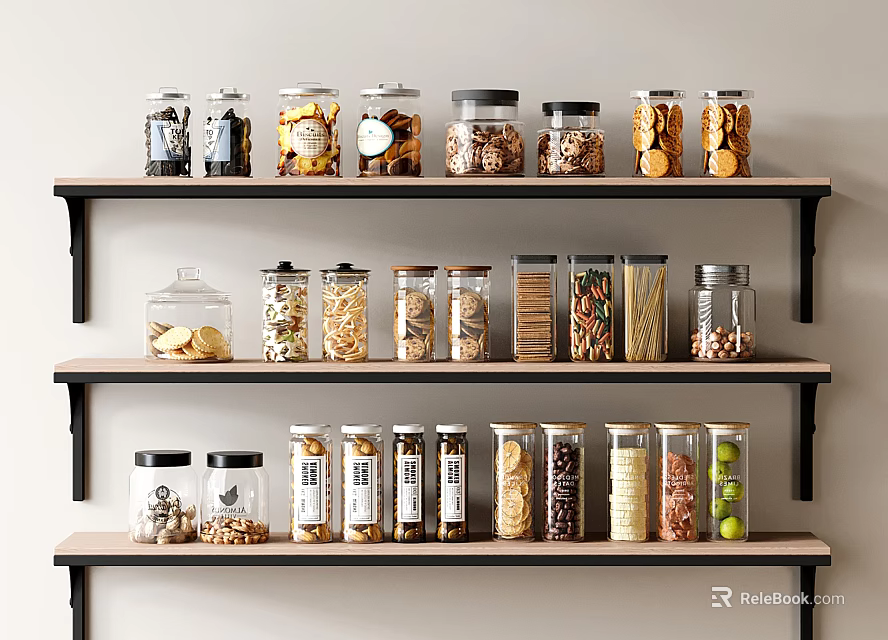 Organized Food Storage Shelves With Glass Jars Containing Nuts Grains And Pasta 3d model 