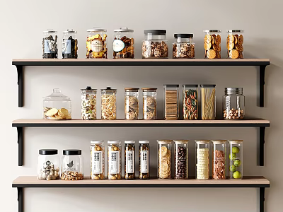 Organized Food Storage Shelves With Glass Jars Containing Nuts Grains And Pasta 3d model