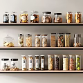 Organized Food Storage Shelves With Glass Jars Containing Nuts Grains And Pasta