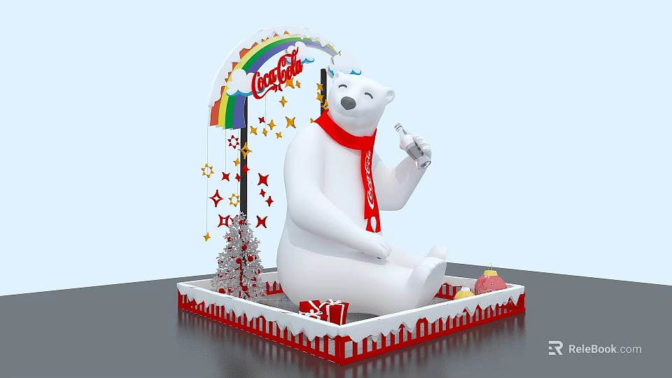 Coca Cola Themed Photo Spot With Polar Bear Red Scarf Rainbow And Christmas Tree 3d model 