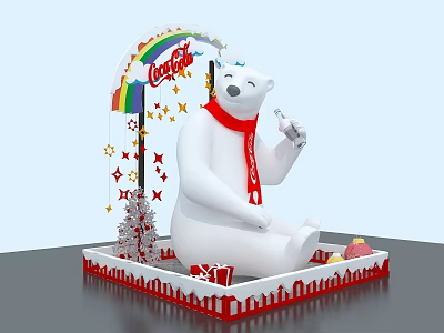Coca Cola Themed Photo Spot With Polar Bear Red Scarf Rainbow And Christmas Tree 3d model