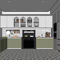 Modern Kitchen Interior With White Green Cabinets Arched Glass Front Marble Countertops And Geometric Flooring
