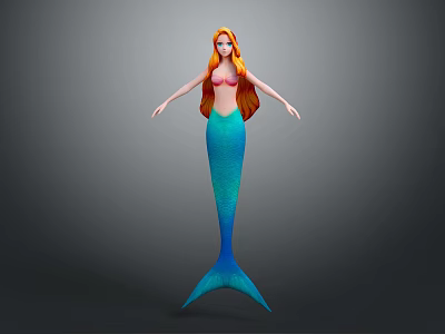 3D Red Haired Mermaid Game Movie Character With Blue Green Tail Design 3d model