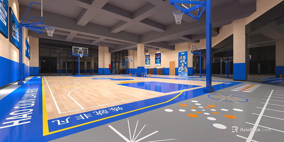 Indoor Basketball Gym With Wooden Floor Multiple Hoops Blue Accents And Advertising Banners 3d model 