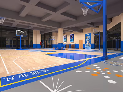 Indoor Basketball Gym With Wooden Floor Multiple Hoops Blue Accents And Advertising Banners 3d model