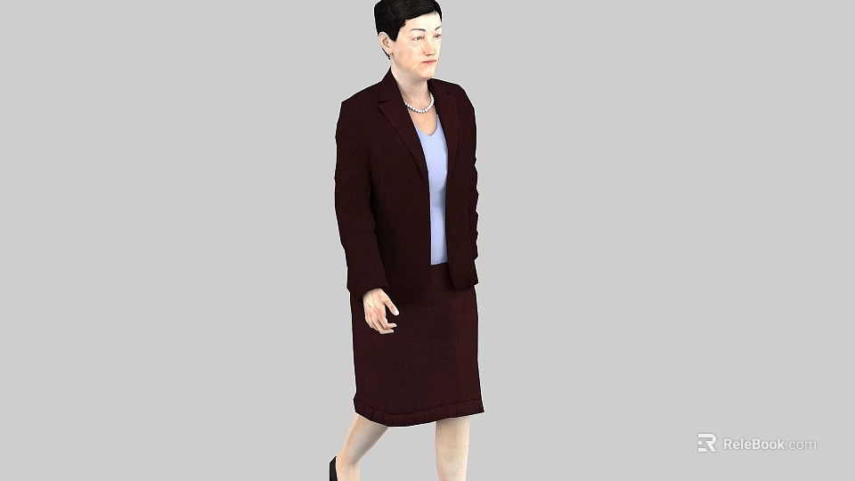 Woman Walking In Dark Professional Suit With Skirt And Light Blue Top 3d model 