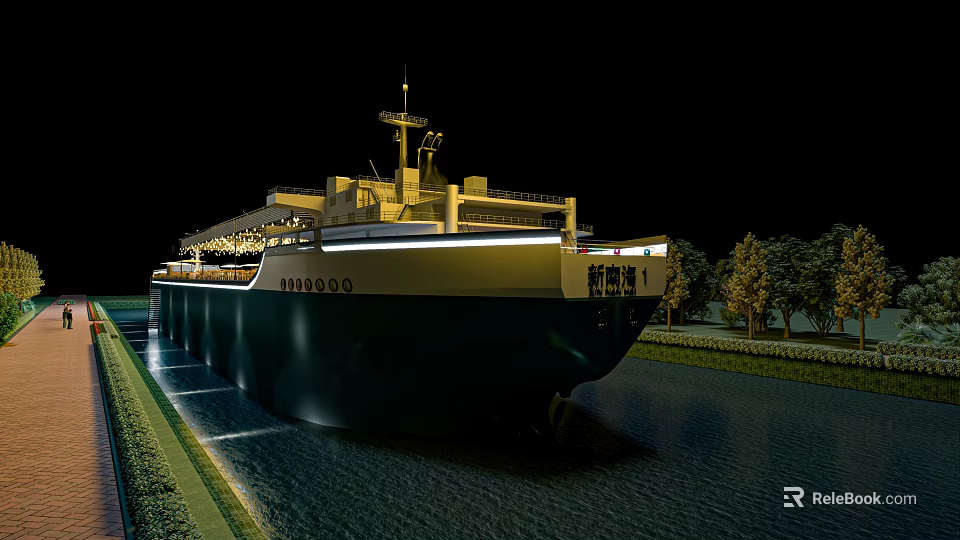Large Illuminated Yacht Sailing in Canal at Night with Surrounding Trees 3d model 