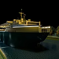 Large Illuminated Yacht Sailing in Canal at Night with Surrounding Trees