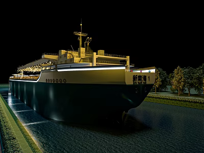Large Illuminated Yacht Sailing in Canal at Night with Surrounding Trees 3d model