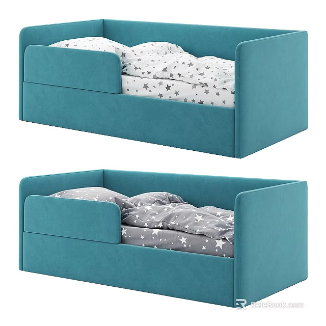 Modern Teal Kids Bed Design With Cozy Star Patterned Soft Sheets 3d model 