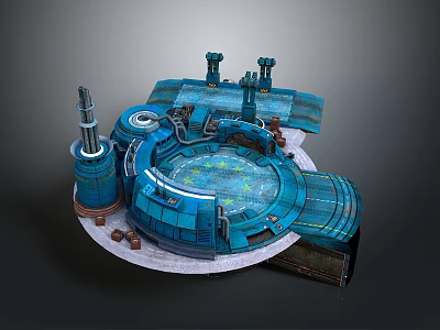 Cartoon Sci Fi Scene Featuring Blue Circular Structure With Mechanical Towers And Central Pool 3d model