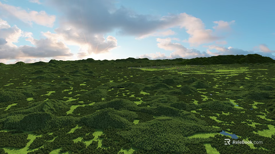Breathtaking Scenic View of Vast Green Hills Under Cloudy Sky with Sunlight and Puddles 3d model 