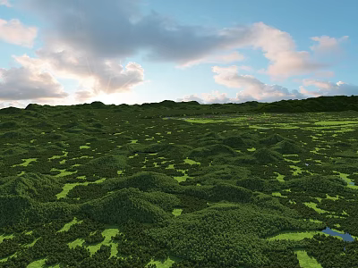 Breathtaking Scenic View of Vast Green Hills Under Cloudy Sky with Sunlight and Puddles 3d model