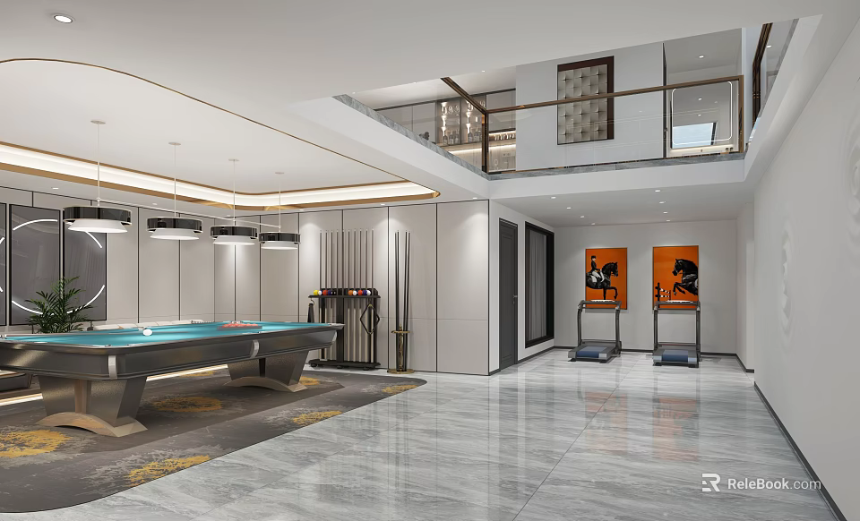 Modern Recreation Room Interior Design With Pool Table Artwork And Spacious Layout 3d model
