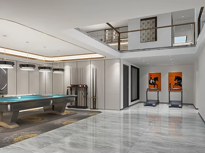 Modern Recreation Room Interior Design With Pool Table Artwork And Spacious Layout 3d model