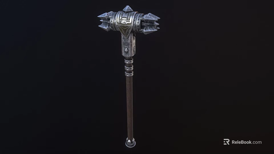 Metallic War Hammer With Spiked Head And Ornate Long Handle Design 3d model 
