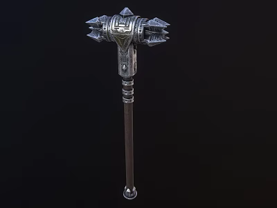 Metallic War Hammer With Spiked Head And Ornate Long Handle Design 3d model