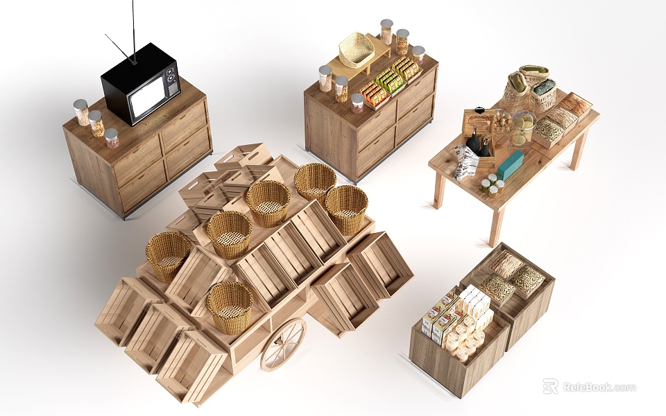 Wooden Display Shelves With Baskets Jars And Cart Style For Retail Stores 3d model 