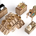 Wooden Display Shelves With Baskets Jars And Cart Style For Retail Stores