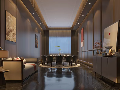 Luxury Box Interior Design With Sofa Dining Table And Decorative Paintings 3d model