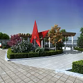 Garden Landscape With Red Triangular Sculpture Green Shrubs Trees And Paved Ground 3d model