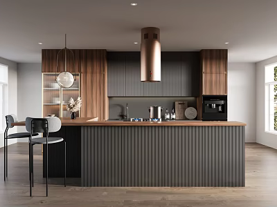 Modern Kitchen Interior With Dark Cabinets Island Counter And Pendant Lights 3d model
