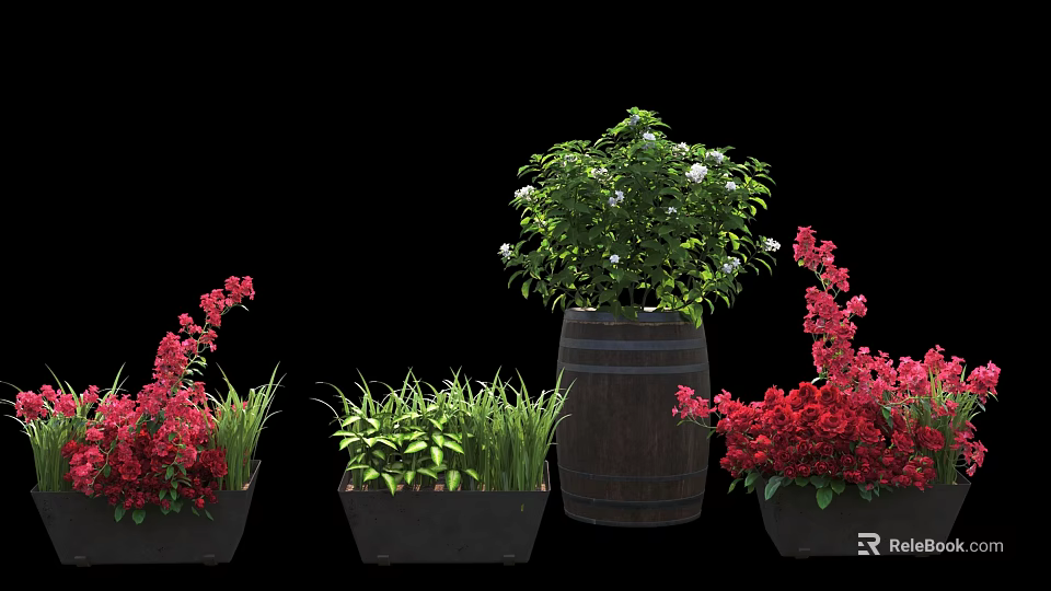 Bonsai and Potted Plants with Green Shrubs Red Flowers in Wooden Barrel and Square Pots 3d model 