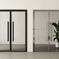 Modern Glass Double Doors With Black And Silver Frames And Potted Plant