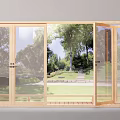 Wooden Folding Doors With Glass Panels Open To Outdoor Garden Trees And Lawn