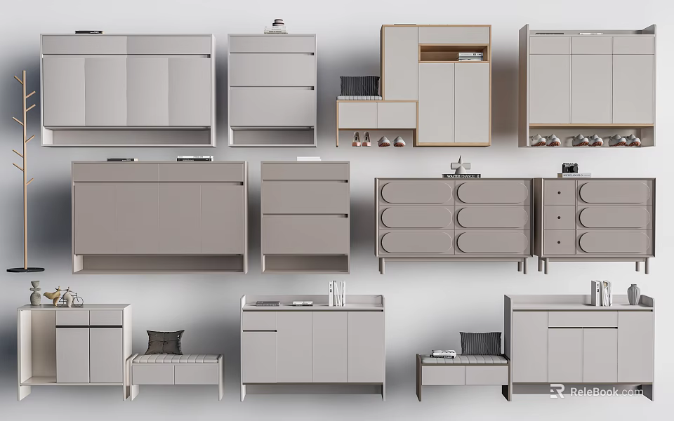 Modern Shoe Cabinets Design With Multiple Storage Compartments And Different Styles 3d model
