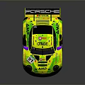 Porsche Racing Car Yellow Exterior With Green Wheels Rear Wing And Sponsor Logos