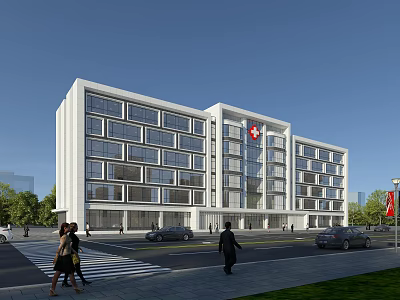 Modern White Hospital Building Exterior With Large Windows Red Cross Symbol And Pedestrians Around 3d model