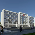 Modern White Hospital Building Exterior With Large Windows Red Cross Symbol And Pedestrians Around