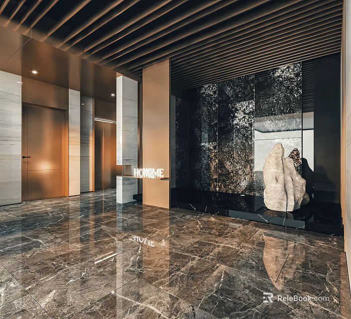 Modern Hotel Lobby With Marble Flooring Sculpture Wall Decor And Elegant Lighting 3d model 