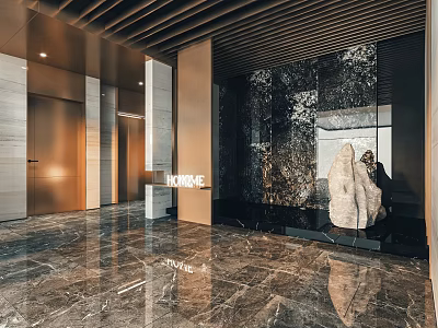 Modern Hotel Lobby With Marble Flooring Sculpture Wall Decor And Elegant Lighting 3d model