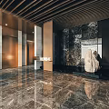 Modern Hotel Lobby With Marble Flooring Sculpture Wall Decor And Elegant Lighting