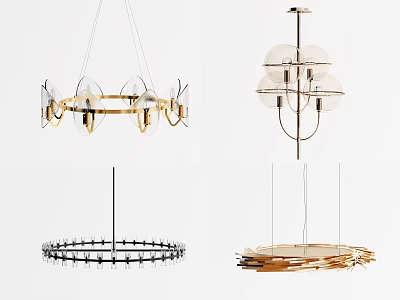 Modern Chandeliers with Diverse Designs Glass Balls Metal Frames and Wooden Structures 3d model