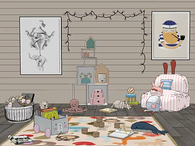 Playful Dolls in Cozy Kids Room with Wooden Walls String Lights and Toys 3d model