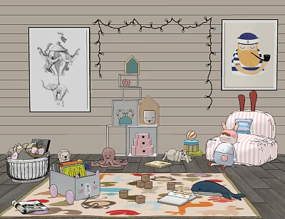 Playful Dolls in Cozy Kids Room with Wooden Walls String Lights and Toys 3d model